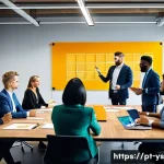Home 21 협력적 창의성 개발을 위한 멘토링 프로그램 - A diverse team of professionals gathered around a large modern conference table in a bright, open of...