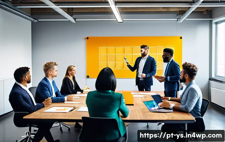 협력적 창의성 개발을 위한 멘토링 프로그램 - A diverse team of professionals gathered around a large modern conference table in a bright, open of...