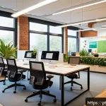 Home 20 협력적 창의성을 위한 직원 참여 증진 방법 - A modern open-plan office space filled with natural sunlight streaming through large windows, featur...