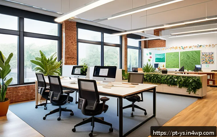 협력적 창의성을 위한 직원 참여 증진 방법 - A modern open-plan office space filled with natural sunlight streaming through large windows, featur...
