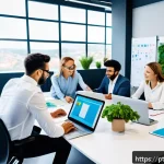 Home 23 협력적 창의성을 활용한 마케팅 전략 - A vibrant modern office scene showing diverse marketing, sales, customer service, and product develo...
