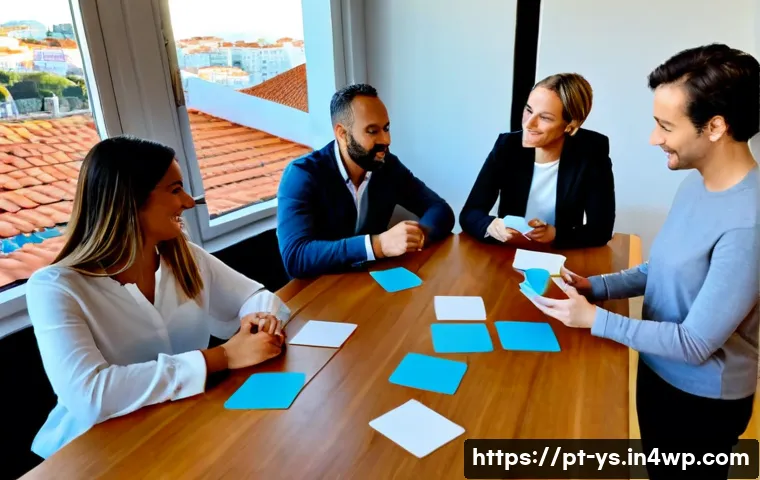 Home 17 협력적 창의성을 통해 얻는 경쟁 우위 - Photorealistic collaborative creative strategy session in a bright Lisbon coworking studio, diverse ...